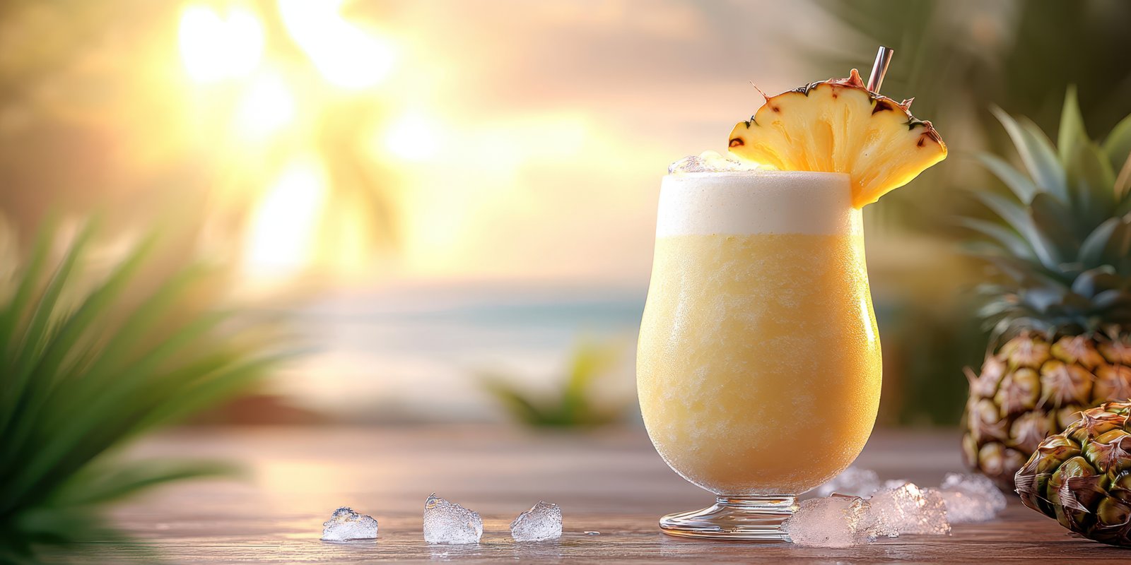 Refreshing tropical drink with pineapple served on a sunny beach at sunset